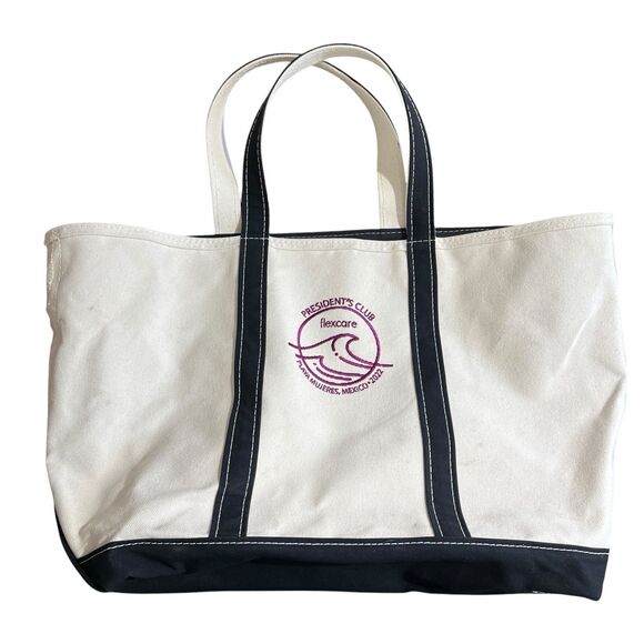 Vtg LL Bean Boat And Tote Cream White Navy Bag Canvas w/ Zipper Embroidered - Picture 1 of 16